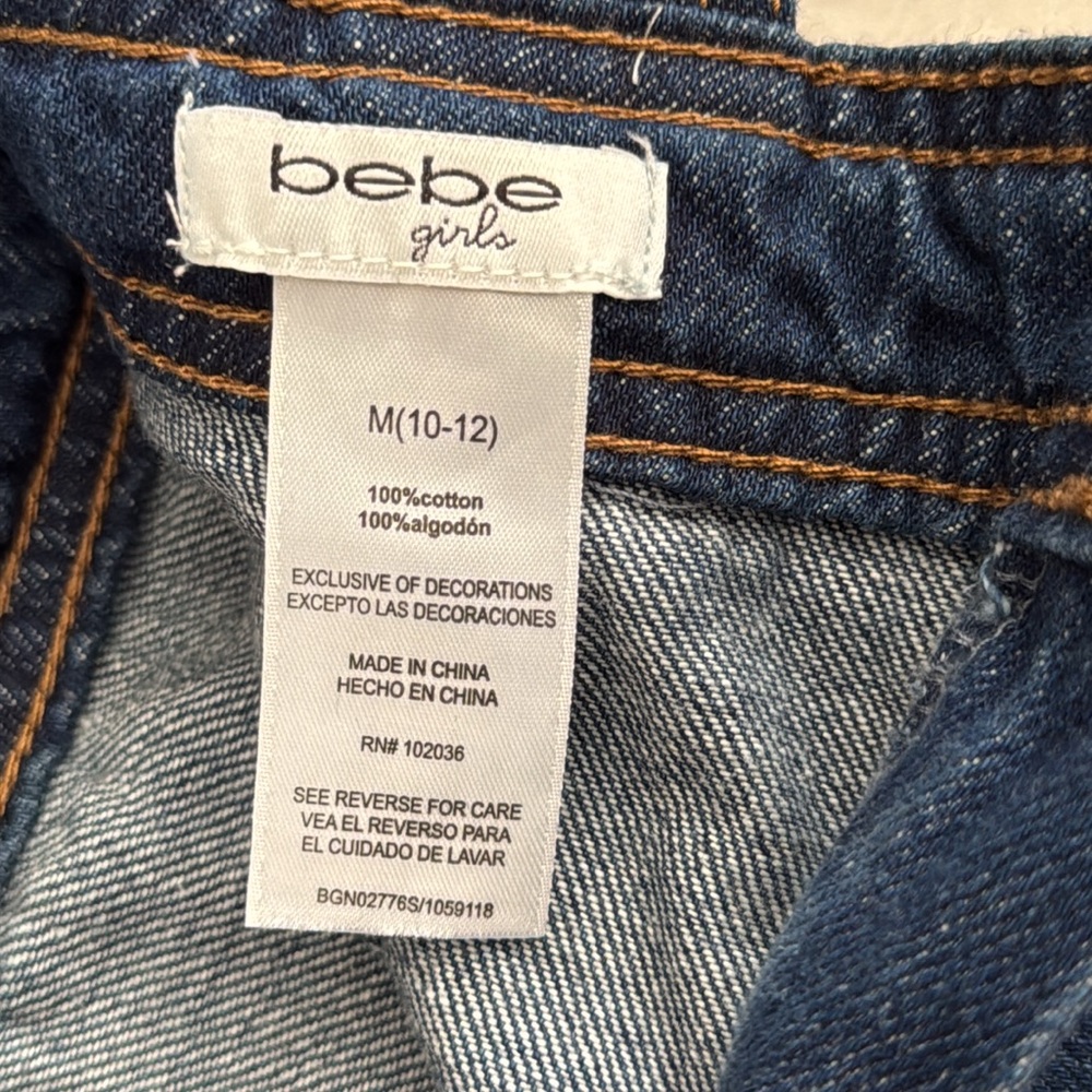 Bebe Girls | Denim Cross Back Flare Wide Leg Overall Jumpsuit Blue (M 10-12) - Picture 12 of 13